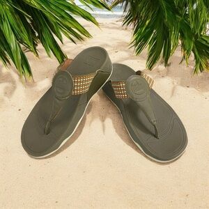 Fitflop Walkstar Thong Flip Flops size - 9, Green, fabric straps, leather